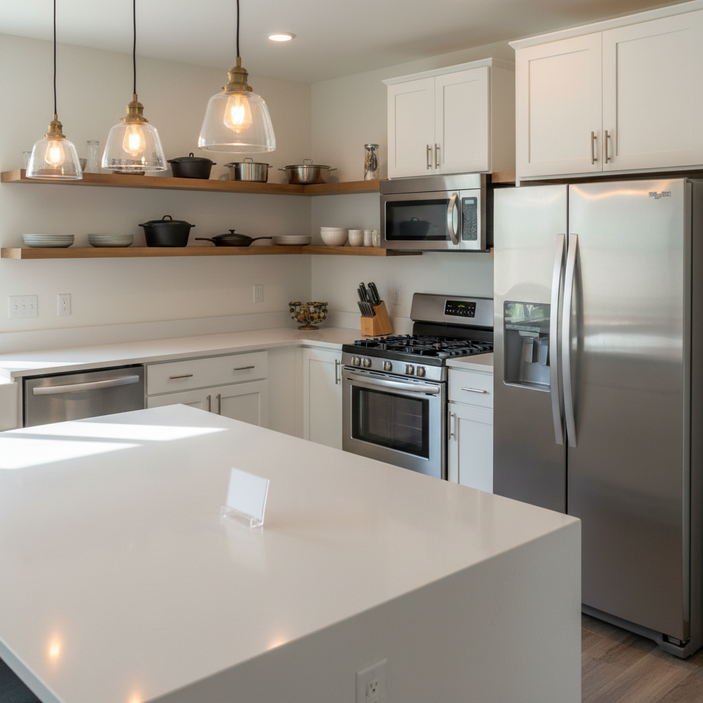 A pristine, well-organized kitchen in a short-term rental property, featuring quartz countertops free of any crumbs or streaks, stainless steel appliances polished to a mirror sheen, and neatly arranged, coordinated cookware displayed on open shelving. A small card holder on the counter holds a blank, text-free insert symbolizing booking information. Soft, warm pendant lighting over the island combines with diffused daylight from an unseen window, creating gentle shadows and a welcoming glow. Photographed from a slightly elevated corner angle with a wide lens, everything appears crisp and orderly, conveying trustworthiness and attention to detail in professional housekeeping and property management.