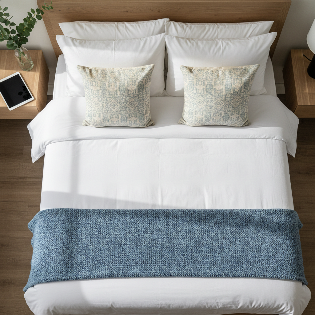 An overhead, bird’s-eye view of a neatly made queen bed in a Cedar Creek Lake vacation rental, featuring crisp white linens tightly tucked with hotel-style corners, a folded soft blue throw at the foot, and two perfectly aligned decorative pillows. On the minimalist wooden nightstand sits a closed, unbranded tablet representing online booking links, next to a simple glass vase with fresh greenery. Natural afternoon light filters in from a nearby window outside the frame, casting soft, directional shadows across the textured bedding. The photographic composition is clean and symmetrical, emphasizing comfort, order, and the professionalism of short-term rental hosting services.
