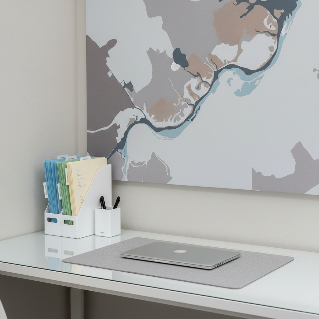 A tidy property management office corner designed for a lakeside rental business, showing a sleek white desk with a spotless surface, a closed laptop, and an organized array of color-coded property folders stacked in a small vertical file holder. A large wall map in neutral tones suggests the Cedar Creek Lake area without any text or labels. Cool, even studio lighting creates minimal shadows and a neutral backdrop, highlighting the objects with photographic realism. Shot from an eye-level perspective with shallow depth of field, the foreground desk elements are sharp while the background softens, conveying a calm, efficient, and highly organized management operation.