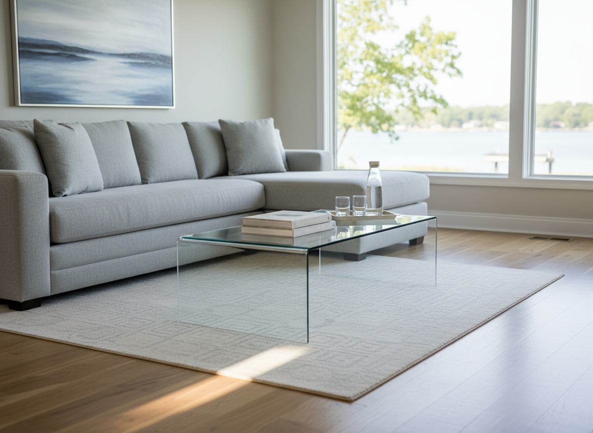 A sunlit, meticulously maintained lakeside vacation home living room near Cedar Creek Lake, featuring a spotless light-gray sectional sofa, crisply fluffed cushions, and a gleaming glass coffee table with no clutter. Large windows reveal a soft-focus hint of water and trees outside. Natural mid-morning light floods the space, creating gentle reflections on polished hardwood floors and subtle shadows along baseboards. Captured at eye level with photographic realism and sharp focus, the composition uses the rule of thirds to balance interior and view. The atmosphere is calm, professional, and inviting, showcasing the results of high-end housekeeping and property management for short-term rentals.